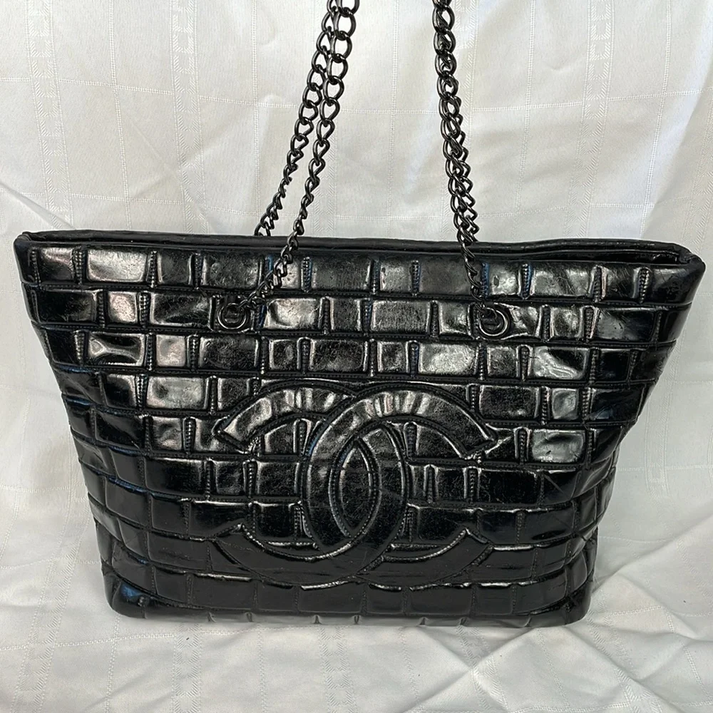 Chanel Brick Chocolate Bar Quilted Frozen Tote Bag Large Black Vinyl Chain Strap